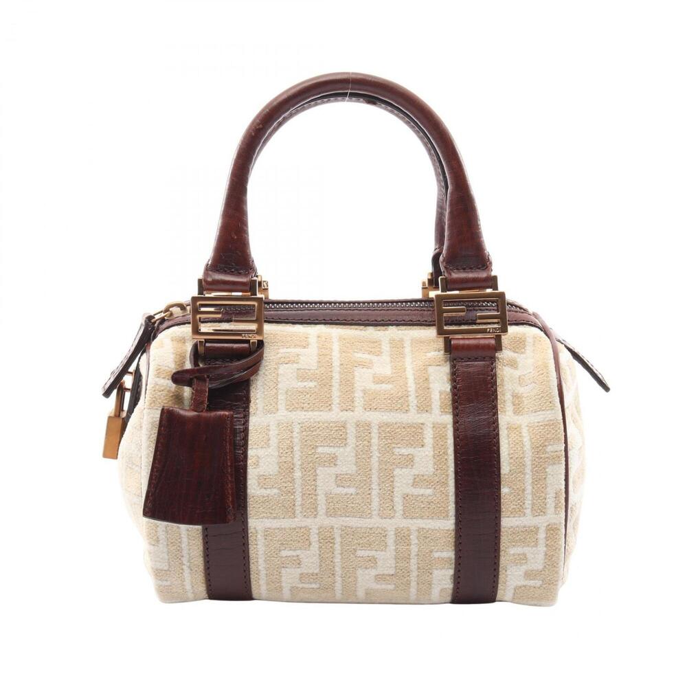 Fendi Zucca Tote Bag Handbag Fabric Leather Women's Beige White Brown